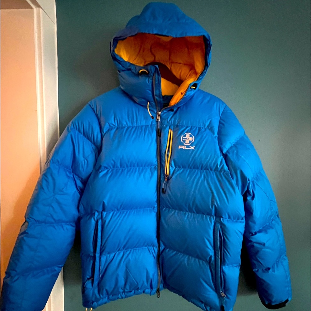 Ralph Lauren RLX 650 puffer jacket in royal blue & yellow trim!